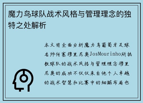 魔力鸟球队战术风格与管理理念的独特之处解析